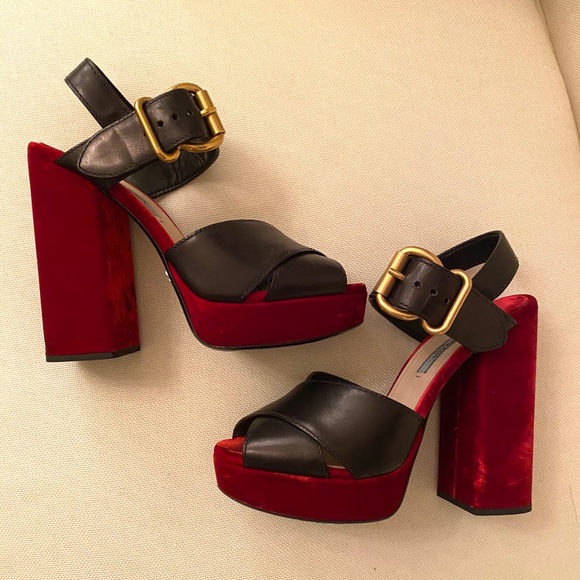 Shoes - Prada Black and red Velvet and leather sandals 39 perfect for the holidays!